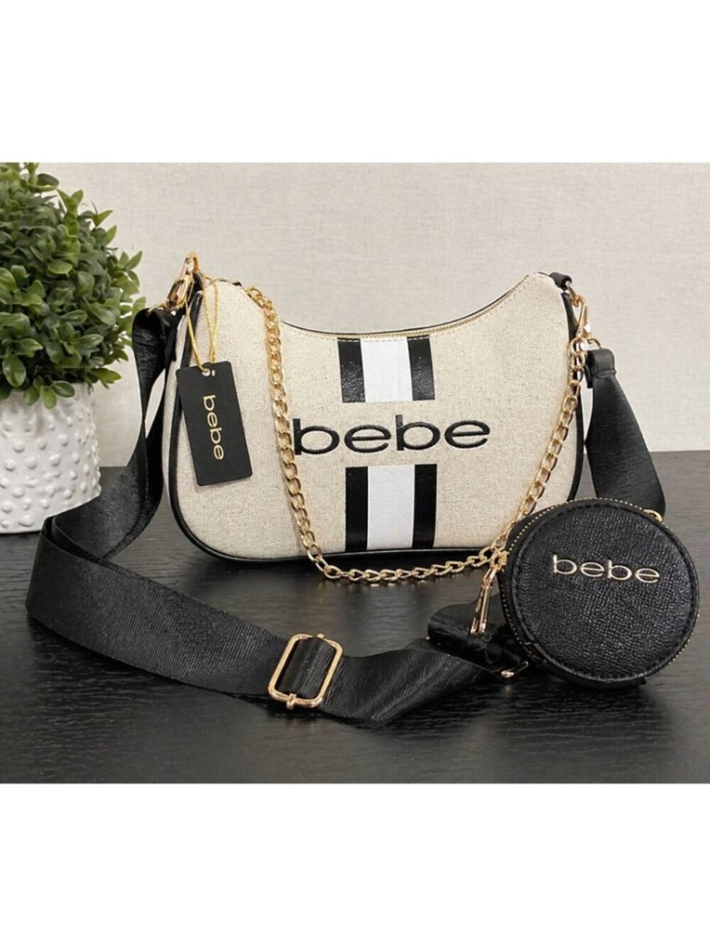 Bebe Canvas Crossbody Bag Black White Stripe Logo w/ Coin Pouch Chain Strap NWT